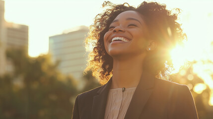 Happy Young Woman Celebrating Newfound Freedom in Formal Wear