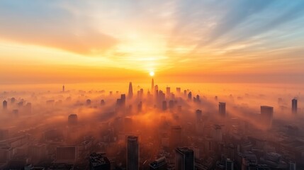 Fototapeta premium Global warming, greenhouse effect, A stunning sunrise showcases a city skyline enveloped in mist, creating an ethereal scene. The vibrant colors of dawn blend perfectly with urban architecture.