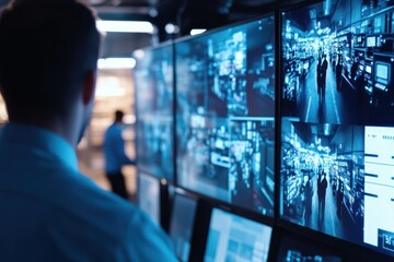 Monitor wall with multiple surveillance feeds displayed