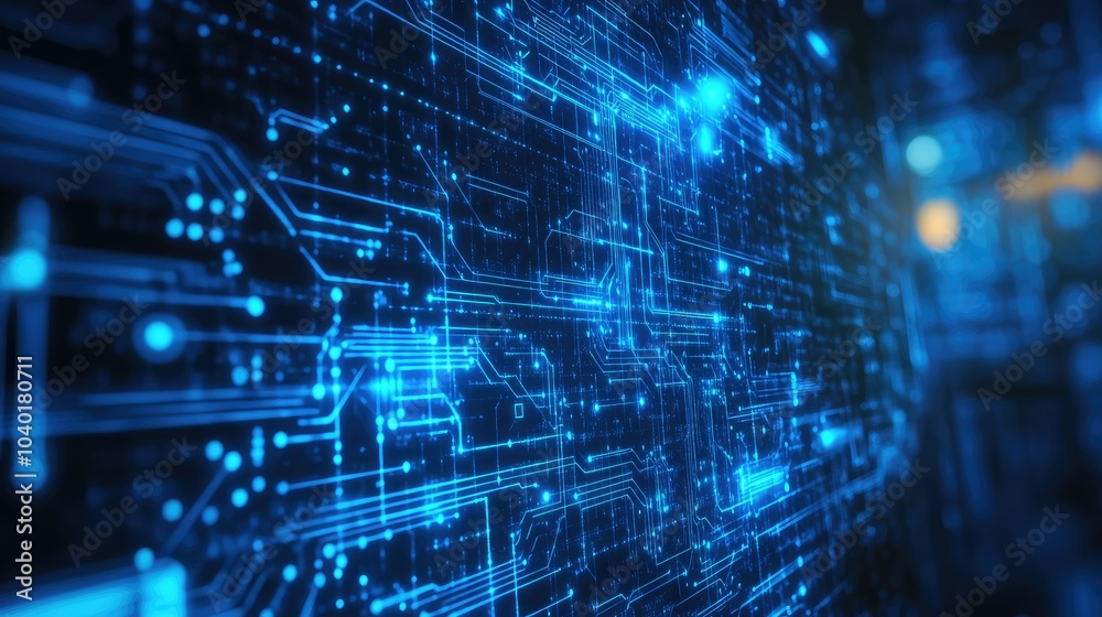 Poster abstract blue digital background with glowing circuits and lines representing ai technology. copy sp