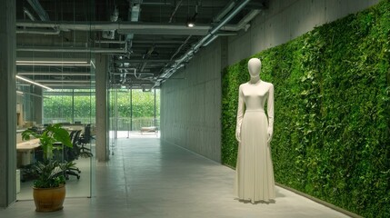 Ethereal White Mannequin in Contemporary Green Oasis Hallway, Minimalist Design Concept for Men's Fashion Store or Modern Office Space