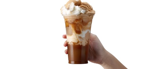 A hand holding an American ice cream float in a tall plastic glass on a white background with a clipping path and copy space image available featuring a classic root beer float with vanilla ice cream
