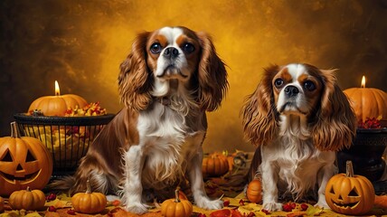 Realistic dogs of the Cavalier King Charles Spaniel breed with a yellow background without any objects in a clean Halloween-style environment in a festive costume on the day of all the dead