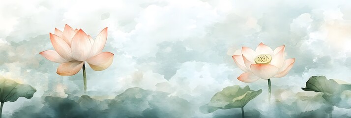 A serene watercolor depiction of two blooming lotus flowers surrounded by soft clouds and lush green leaves.