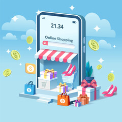 Fototapeta premium illustration of online shopping on a mobile phone with gifts, high heels, a shopping cart, and money icons. Ideal for concepts related to e-commerce, digital shopping, and mobile retail platforms