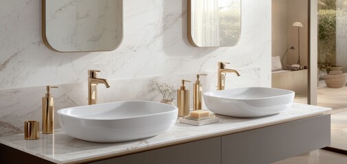 Fototapeta premium Luxurious Marble Bathroom Vanity with White Porcelain Sinks and Gold Accents in Modern Setting, Tranquil Spa Ambiance