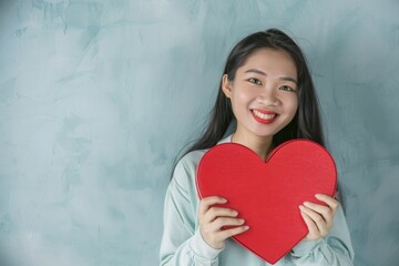 A joyful woman holds a heart-shaped gift box, bringing love and warmth against a serene backdrop, perfect for any romantic occasion
