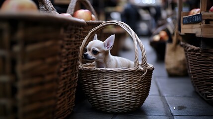 Obraz premium playful Chihuahua puppy exploring a basket of apples at a fall harvest market , High-resolution,Ultra-realistic,Crystal-clear