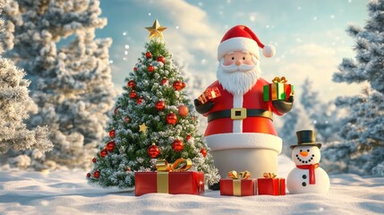 Fototapeta premium Christmas tree, snta Claus, snowman and gifts flat design front view North Pole theme 3D render 