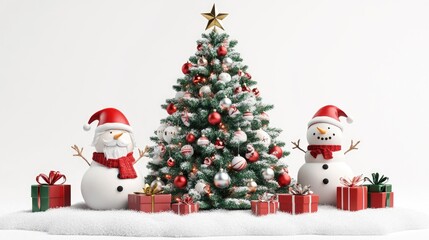 Christmas tree, snta Claus, snowman and gifts flat design front view North Pole theme 3D render 
