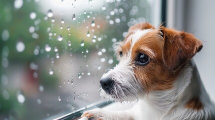 cute dog watching raining outside by the window, raindrops on the window, copy space. ai generated