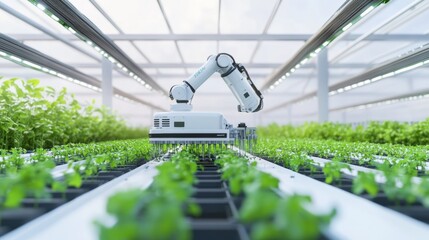 A robot managing smart agricultural systems in a modern vertical farm with clean rows of crops and advanced monitoring technology, Smart agriculture tech style, photo of