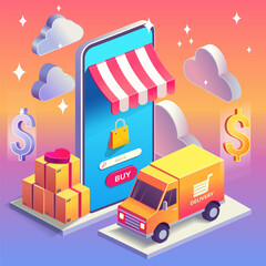 A vibrant illustration of a mobile shopping app with a storefront, delivery truck, packages, and a purchase button. Perfect for themes related to e-commerce, digital retail, and online shopping.