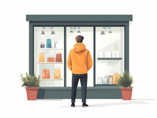 Flat Candid Shop Window Browsing Vector Illustration - Person Peering Into Display Curiosity Buying Decision Captured Behind Glass Business Tone Artwork
