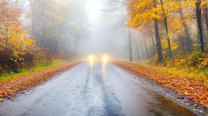 Naklejka premium Car headlights appearing out of the dense fog on a quiet country road, with light reflecting off the wet asphalt and roadside foliage --chaos