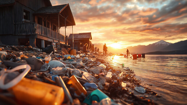 A striking sunset casts golden light over a polluted shoreline, highlighting litter and plastic waste along the water's edge. Environmental concerns grow as people interact with the scenic yet tarnish