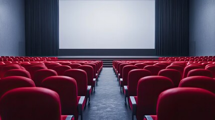 Fototapeta premium Rows of red theater seats in an empty cinema, with a large screen waiting for the movie to start, isolated on white