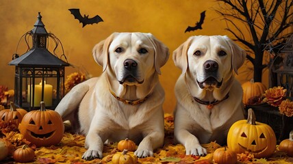 Realistic Labrador dogs on a yellow background without any objects in a clean Halloween-style...