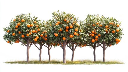 Rows of vibrant orange trees filled with ripe fruit, showcasing the abundance of the harvest season, isolated on a white background
