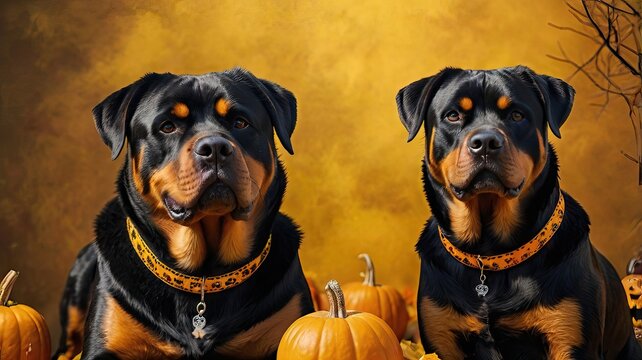 Realistic Rottweiler dogs with a yellow background without any objects in a clean Halloween-style environment in a festive costume on the day of all the dead