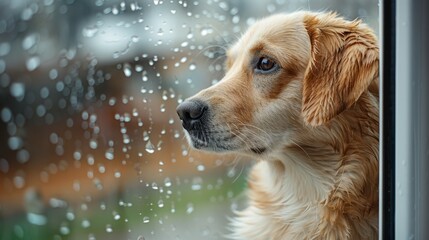 cute dog watching raining outside by the window, raindrops on the window, copy space. ai generated