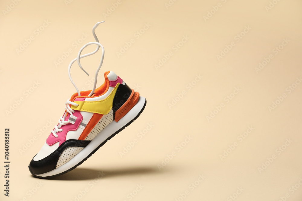 Poster Stylish sneaker in air against beige background, space for text