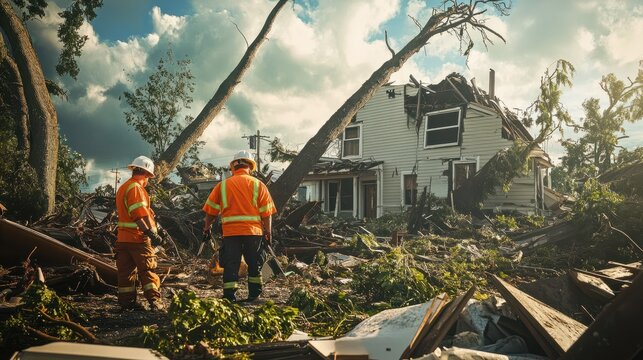 Property recovery crew repairing hurricane damage, recovery, storm restoration