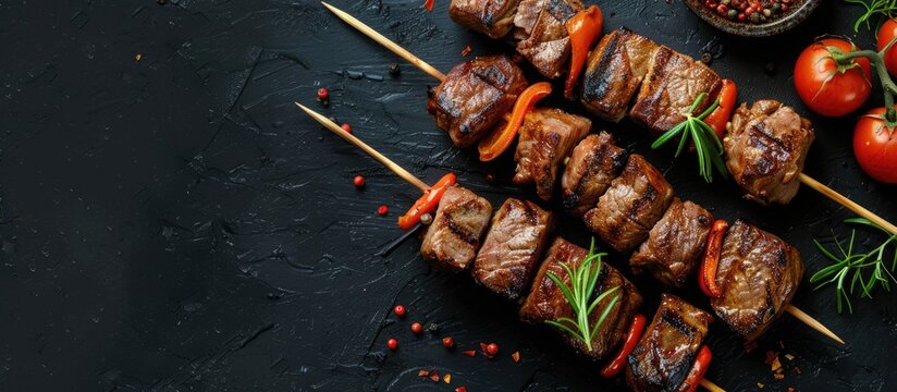 Top view of rustic shish kebab skewers with beef and spices on a dark background for a copy space image