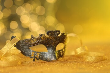 Beautiful carnival mask on golden shiny surface, closeup. Space for text