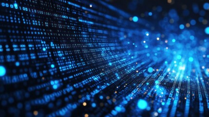 Futuristic digital landscape with flowing binary streams