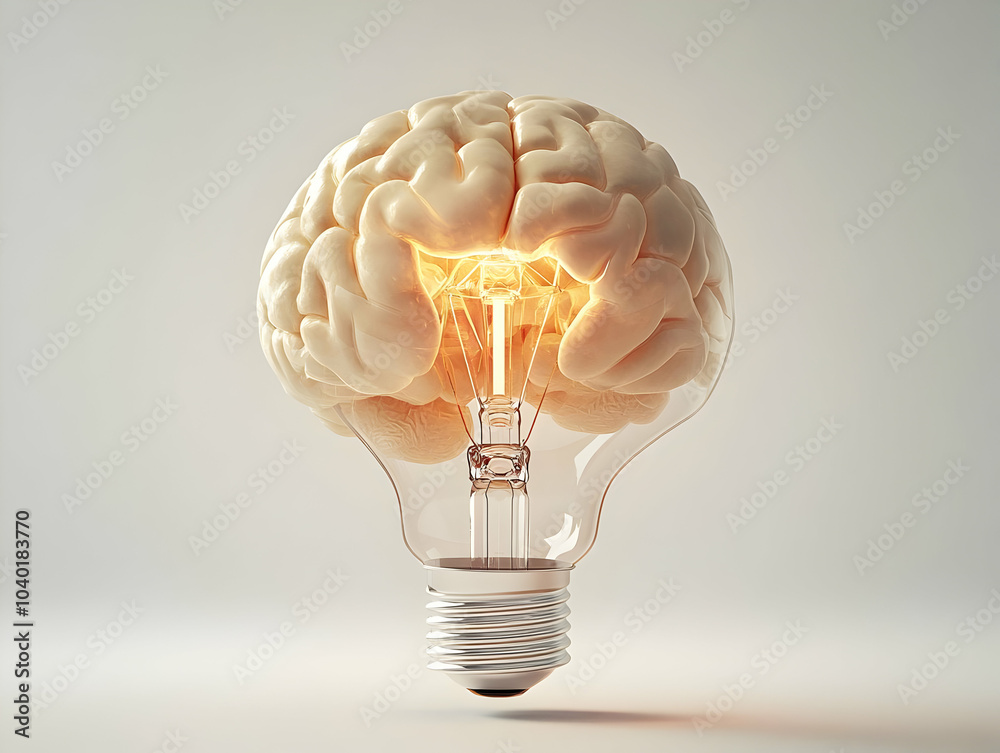 Poster Flat Brain Lightbulb Idea Concept Vector Illustration White Brain Merged Lightbulb Camera Rotate Intricate Neural Connections Lighting Up Isolated White Background Mental Health Innovation Messaging