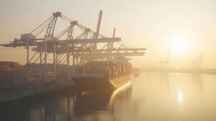 A contemporary harbor bathed in morning light, showcasing cranes lifting containers as ships dock, representing the vitality of international commerce