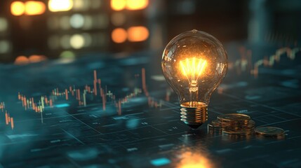 Coin and Light bulb shining over a graph, idea and business growth, 3D illustration 