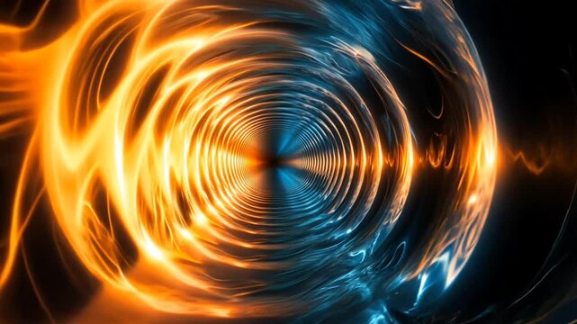 Dynamic circular light tunnel with contrasting orange and blue hues. Energy concept