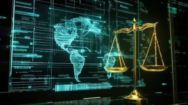 Golden scales of justice amidst digital global network