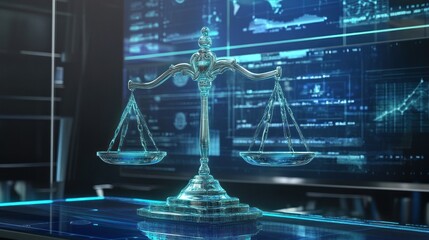 Futuristic justice balance alongside data analytics