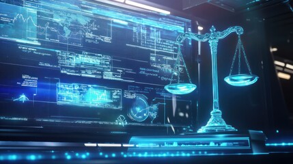 Holographic justice scales with data insights backdrop