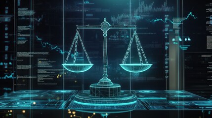 Digital scales with futuristic financial data screen