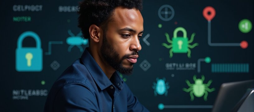 Cybersecurity threat illustration showcasing an African-American IT specialist amidst a digital chaos stock collage