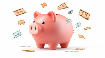 3D Vector Piggy Bank Floating Currency Symbols Discount Tags Whimsical Illustration Savings Financial Incentives Business Advertising Strategy Discounts Icon White Background