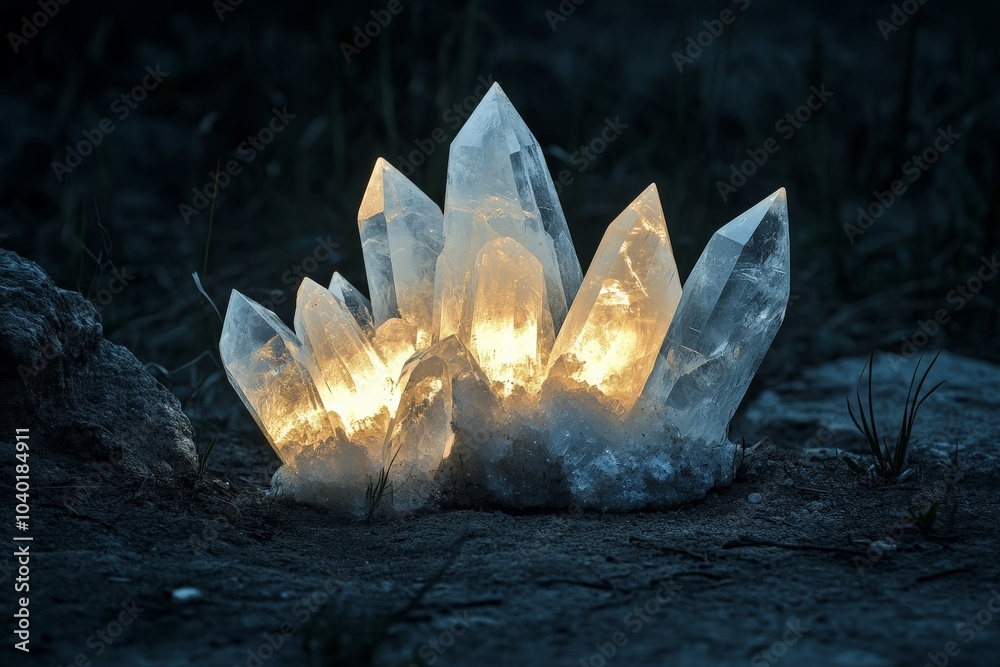 Poster a captivating image of glowing crystals in the dark, casting a mystical and ethereal light, surround