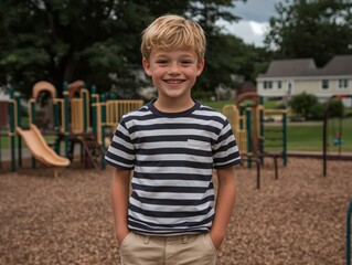 Cheerful Young Boy at Playground Candid Smiling Child in Striped Shirt, Sunny Day Fun