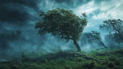 Rain and storm winds blowing trees