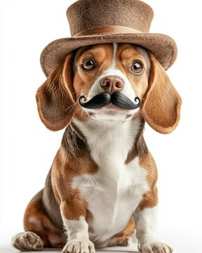 November mustache prop for pet concept. A beagle wearing a top hat and mustache poses charmingly showcasing its playful yet sophisticated personality, dog with november mustache prop
