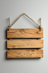 Rustic Wooden Signboard Hanging on White Wall - Minimalist Natural Wood Grain Texture, Simple Elegance Blank Plank for Logo Branding, Decor and Craft Projects