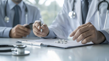 Fototapeta premium Medical Discussion Between Doctor and Businessman With Emblem and Stethoscope