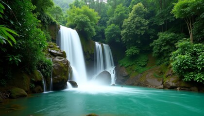 Naklejka premium Emerald Paradise A waterfall cascades into a serene lagoon