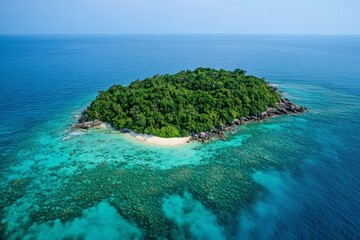 A stunning tropical island oasis with dense lush vegetation, standing proudly amidst the vast blue ocean, representing untouched beauty and natural splendor.