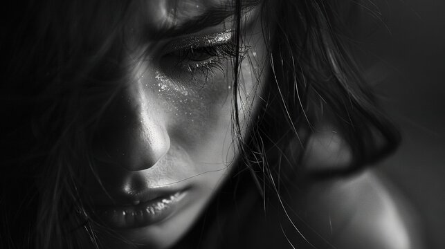 Black and white photo of a woman crying