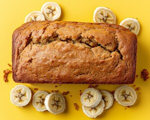 Vibrant Banana Bread Delight on Yellow Background - Closeup Macro View, Homemade Baked Good for Food Blog and Social Media